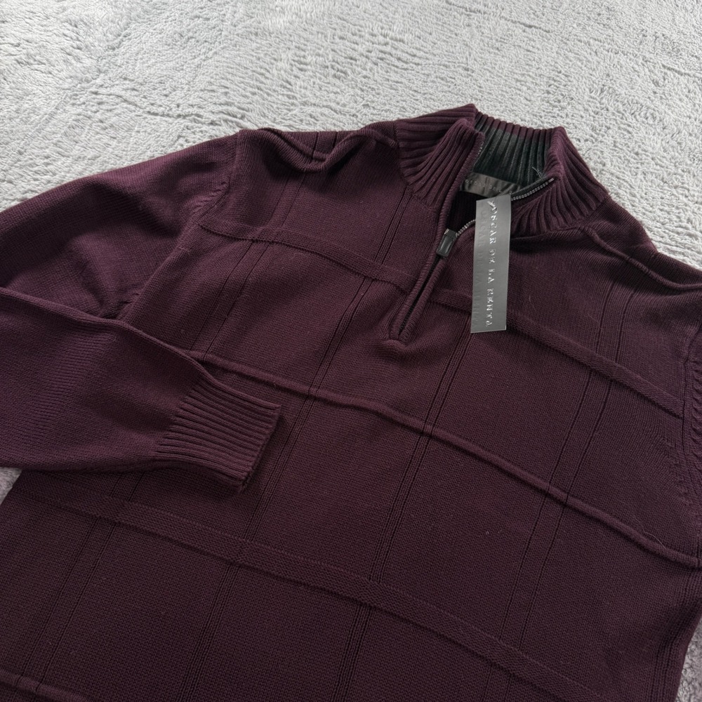 Oscar de la Renta Mens XL Burgundy 100% Cotton Grid Quarter Zip Sweater NWT